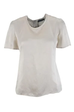 Off-white silk short-sleeved top with darting and invisible zipper back closure