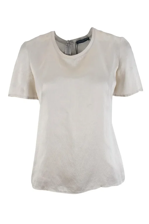 Off-white silk short-sleeved top with darting and invisible zipper back closure