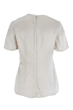 Off-white silk short-sleeved top with darting and invisible zipper back closure