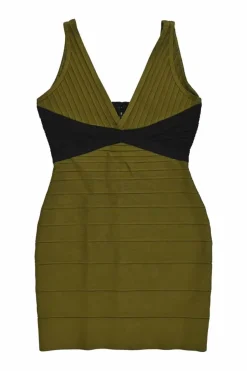 Olive and black rayon-blend colour-block bandage plunge neck sheath dress
