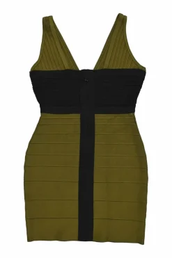 Olive and black rayon-blend colour-block bandage plunge neck sheath dress