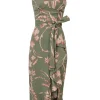 Olive and blush linen-blend tie-waist bustier dress with ruffled tulip hem