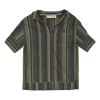 Olive and ghurka striped cotton spread collar pullover shirt with chest patch pocket and high-low hem