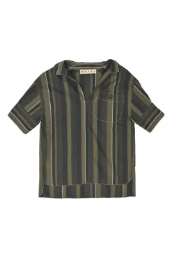 Olive and ghurka striped cotton spread collar pullover shirt with chest patch pocket and high-low hem
