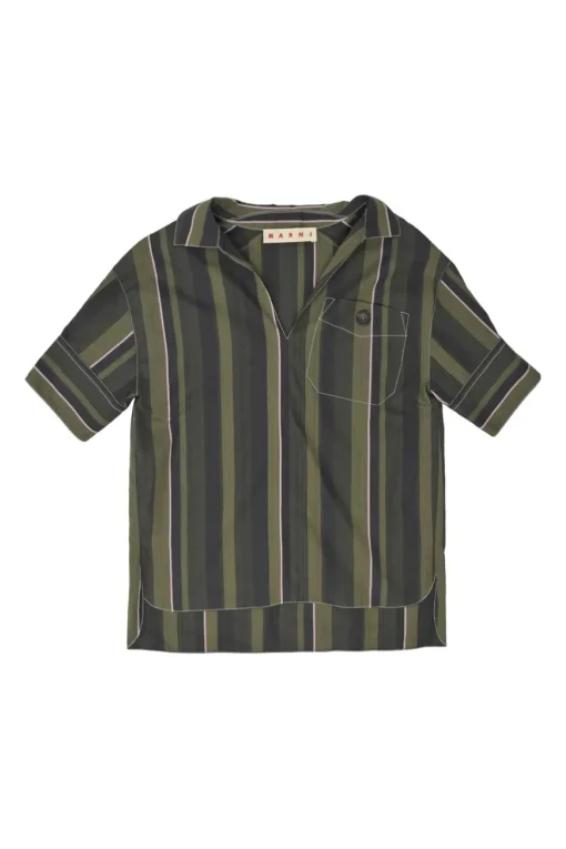 Olive and ghurka striped cotton spread collar pullover shirt with chest patch pocket and high-low hem