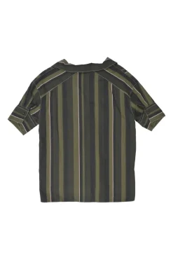 Olive and ghurka striped cotton spread collar pullover shirt with chest patch pocket and high-low hem