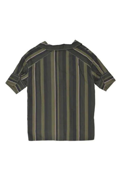 Olive and ghurka striped cotton spread collar pullover shirt with chest patch pocket and high-low hem