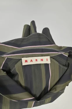Olive and ghurka striped cotton spread collar pullover shirt with chest patch pocket and high-low hem