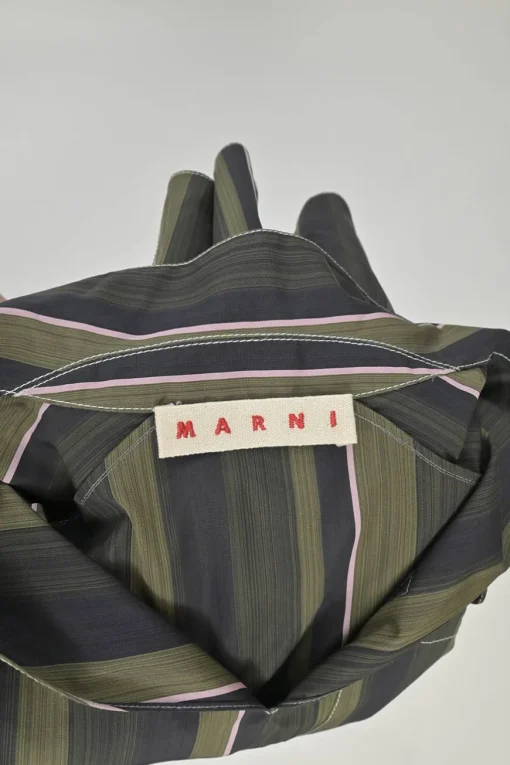 Olive and ghurka striped cotton spread collar pullover shirt with chest patch pocket and high-low hem