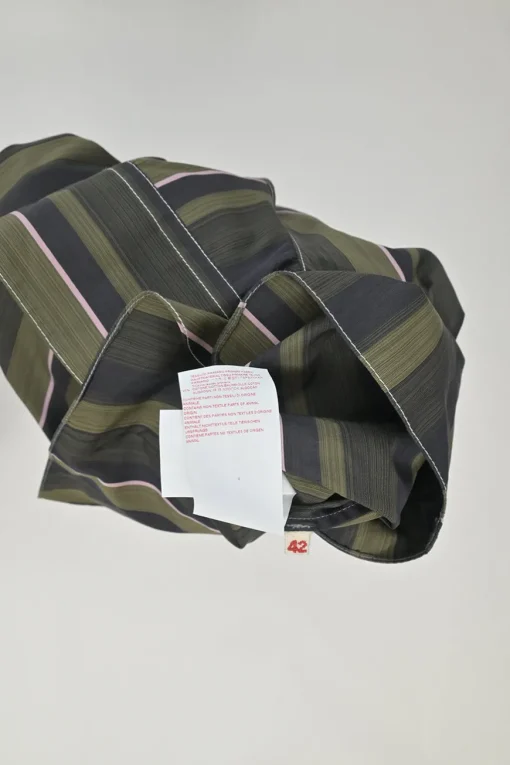 Olive and ghurka striped cotton spread collar pullover shirt with chest patch pocket and high-low hem