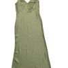 Olive bias-cut silk satin empire-waist slip dress with fixed straps