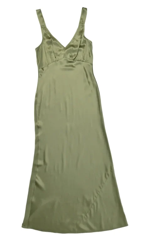 Olive bias-cut silk satin empire-waist slip dress with fixed straps
