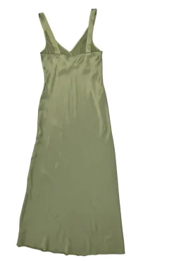 Olive bias-cut silk satin empire-waist slip dress with fixed straps