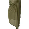 Olive bi-layer effect draped viscose jersey one-shoulder convertible cape tank dress