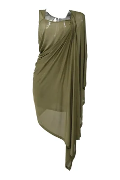 Olive bi-layer effect draped viscose jersey one-shoulder convertible cape tank dress