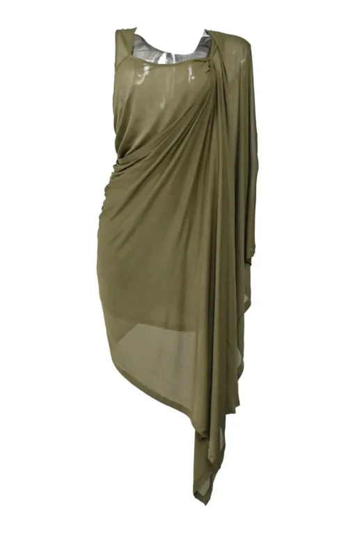 Olive bi-layer effect draped viscose jersey one-shoulder convertible cape tank dress
