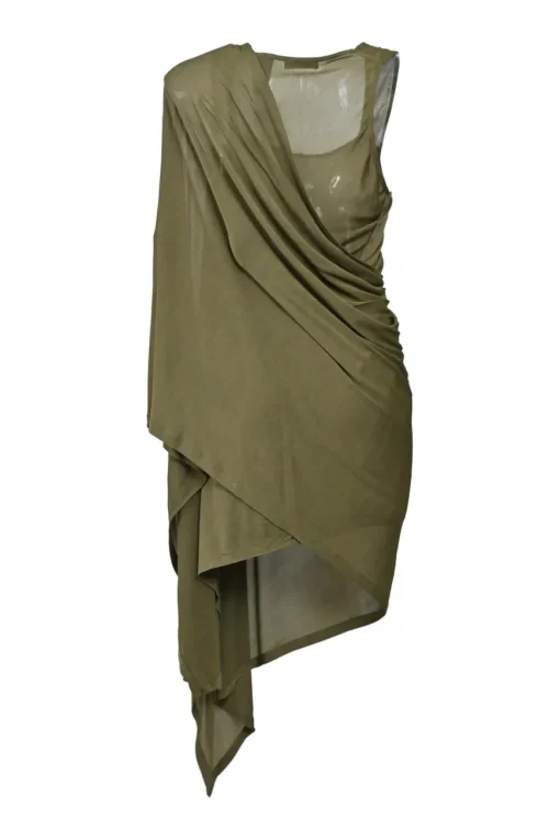 Olive bi-layer effect draped viscose jersey one-shoulder convertible cape tank dress