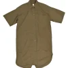 Olive cotton oversized short sleeve utility shirt with classic collar and patch pockets