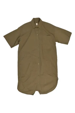 Olive cotton oversized short sleeve utility shirt with classic collar and patch pockets