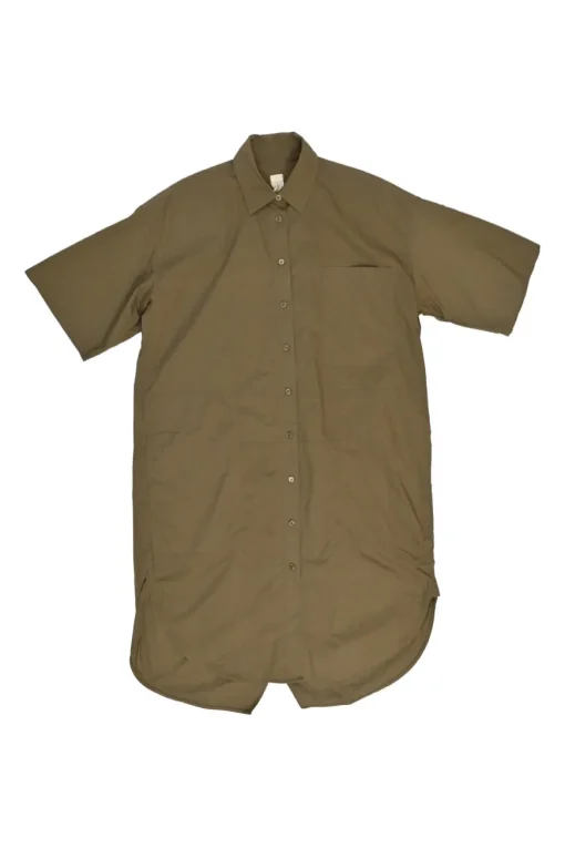 Olive cotton oversized short sleeve utility shirt with classic collar and patch pockets