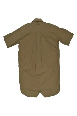 Olive cotton oversized short sleeve utility shirt with classic collar and patch pockets