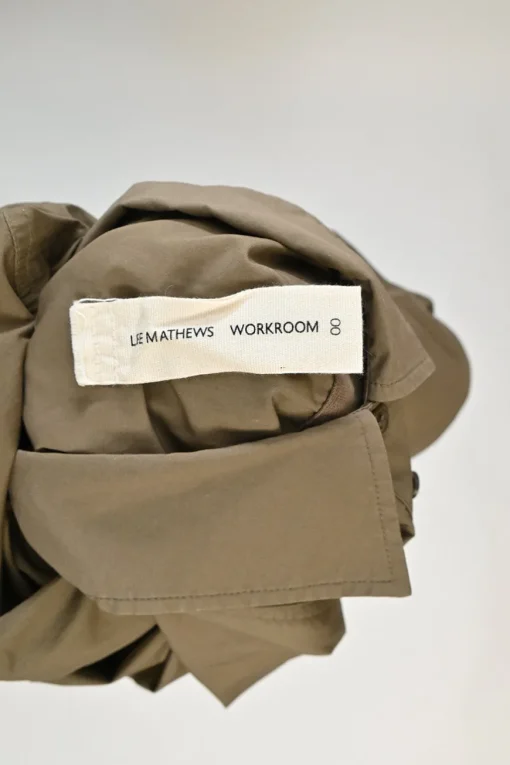 Olive cotton oversized short sleeve utility shirt with classic collar and patch pockets