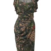 Olive draped viscose abstract print wrap-effect flutter sleeve sheath dress