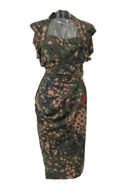 Olive draped viscose abstract print wrap-effect flutter sleeve sheath dress