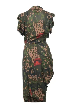 Olive draped viscose abstract print wrap-effect flutter sleeve sheath dress