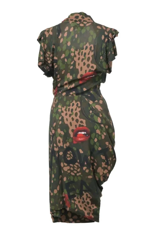 Olive draped viscose abstract print wrap-effect flutter sleeve sheath dress
