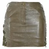 Olive embellished leather pill-on mini skirt featuring floral bead broderie motif