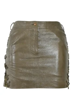 Olive embellished leather pill-on mini skirt featuring floral bead broderie motif