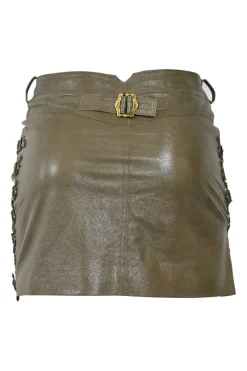 Olive embellished leather pill-on mini skirt featuring floral bead broderie motif
