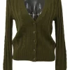 Olive green cashmere cable-knit V-neck cardigan