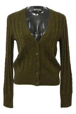 Olive green cashmere cable-knit V-neck cardigan