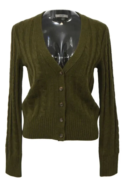 Olive green cashmere cable-knit V-neck cardigan