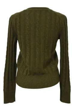 Olive green cashmere cable-knit V-neck cardigan