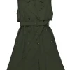 Olive green cotton-blend double breasted sleeveless belted trench dress