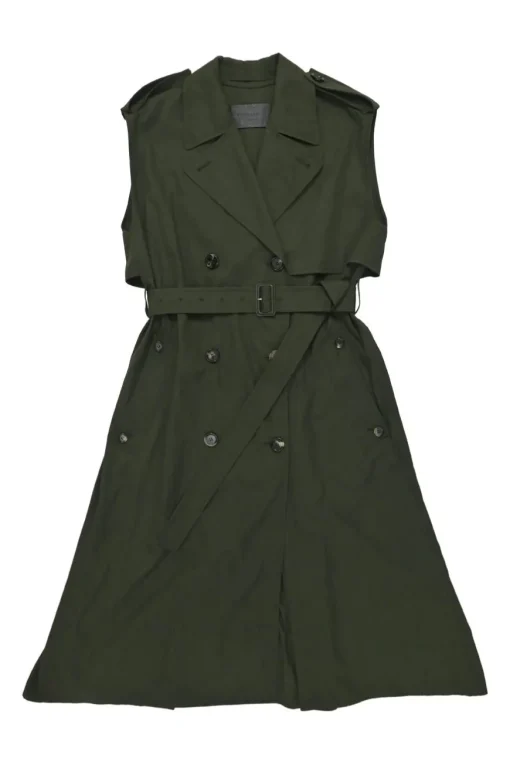 Olive green cotton-blend double breasted sleeveless belted trench dress
