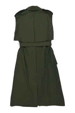 Olive green cotton-blend double breasted sleeveless belted trench dress
