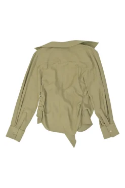 Olive green draped viscose-blend 'La Chemise Bahia' tie-front plunge neck cropped blouse