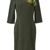 Olive green floral-embellished wool-blend ponte knit portrait neck quarter-sleeve slit-back sheath dress