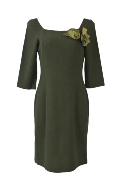Olive green floral-embellished wool-blend ponte knit portrait neck quarter-sleeve slit-back sheath dress