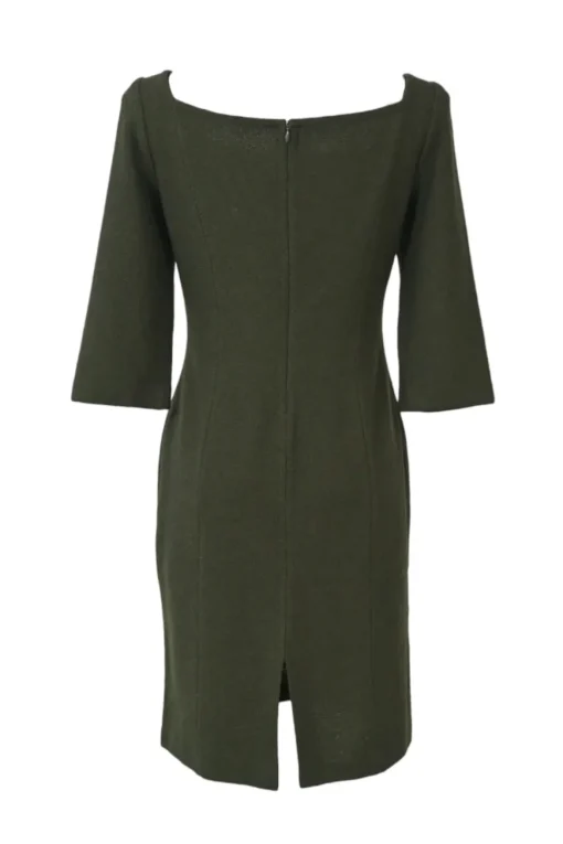Olive green floral-embellished wool-blend ponte knit portrait neck quarter-sleeve slit-back sheath dress