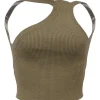 Olive green linen-blend rib knit 'La Maille Ascu' one-shoulder tank top