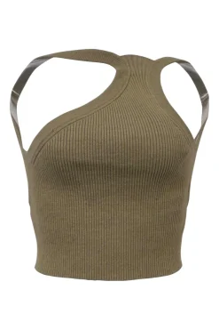 Olive green linen-blend rib knit 'La Maille Ascu' one-shoulder tank top