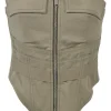Olive green organic cotton-blend workwear zip-up corset top