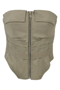 Olive green organic cotton-blend workwear zip-up corset top