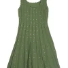 Olive green viscose-blend fully-fashioned scalloped plissé knit skater dress featuring bead broderie motif