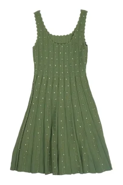 Olive green viscose-blend fully-fashioned scalloped plissé knit skater dress featuring bead broderie motif
